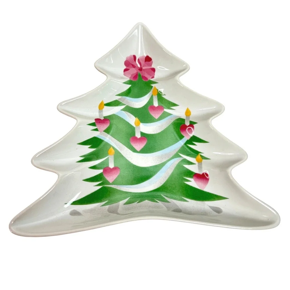 Sango Home for Christmas Tree Shaped Dish 4829 Pink Hearts Ceramic Serving Tray